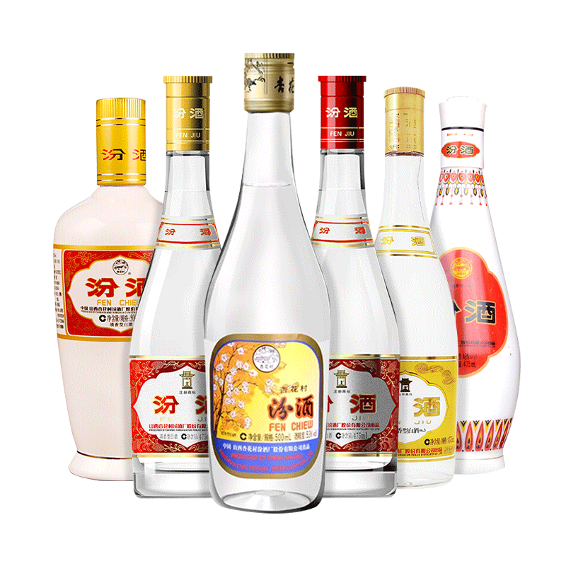 汾酒【玻汾组合装】清香型白酒 出口玻汾 黄盖红盖玻汾琵琶汾出口白瓷 53度 475mL 6瓶 玻汾全家福组合6瓶