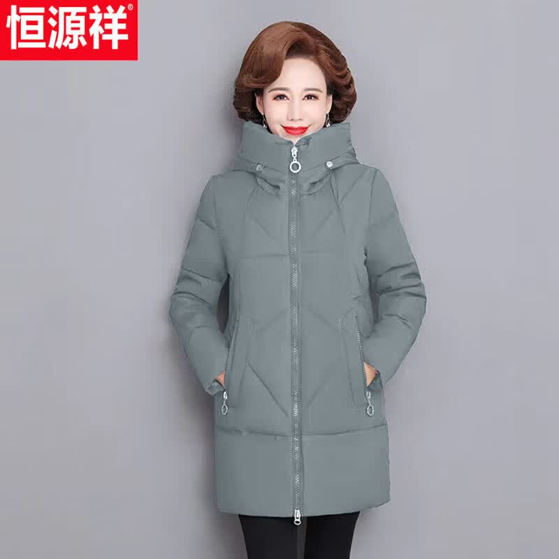恒源祥【有内兜】秋冬棉服妈妈装大码中长款棉衣中老年连帽时尚棉袄外套 灰绿色 L 85100斤属于什么档次？