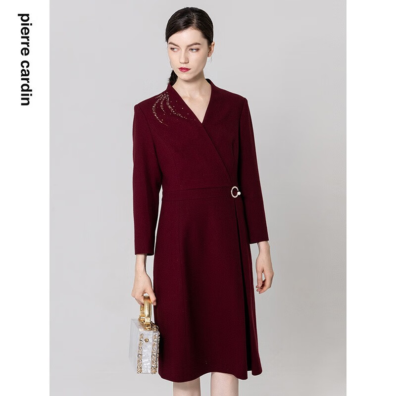 皮尔卡丹女装秋季新款端庄优雅宴会礼服连衣裙 深红色 3XL 44A (建议体重70-75公斤)