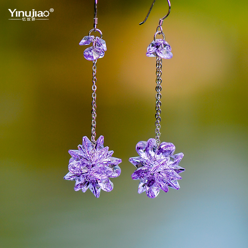 忆奴娇采菊925银饰品水晶耳环长款流苏紫色甜美花朵耳坠气质时尚耳饰