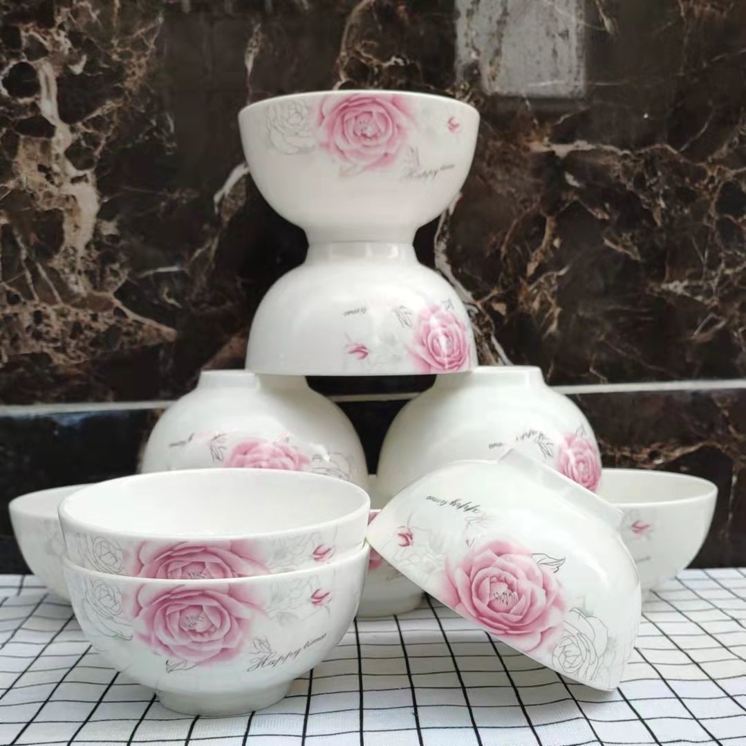 5寸直口家用陶瓷吃饭碗米饭碗 4.5英寸 饭碗 (红粉佳人).