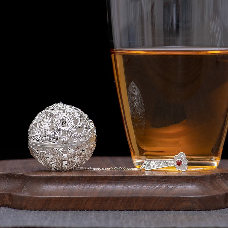 宰搂厂家直供归银堂银茶泡足银999龙凤呈祥如意茶球纯银茶漏 件创意泡茶