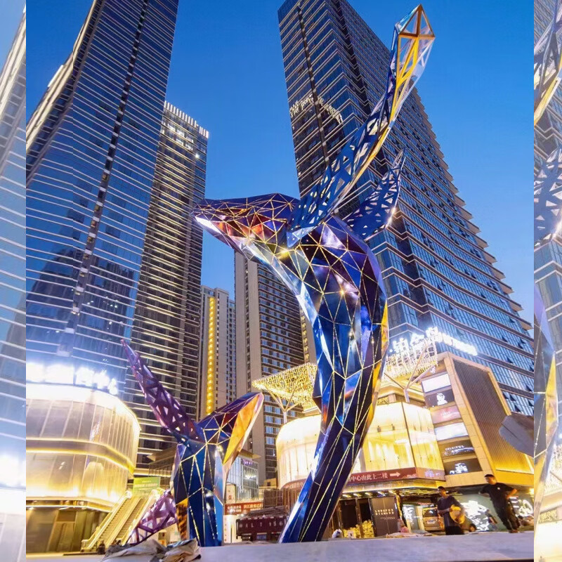 瀛乐 不锈钢鲸鱼雕塑商场水景镜面门口发光动物摆件金属景观建筑美陈