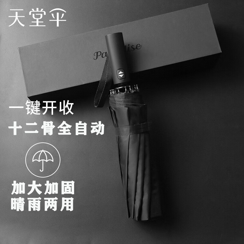 天堂伞全自动雨伞10骨超大加固男女大号双人防风学生晴雨伞遮阳伞广告伞 38018E黑胶升级12骨-黑色