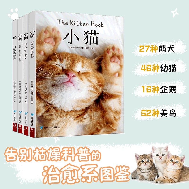 治愈系科普图鉴：小猫小狗企鹅鸟全4册 高清鉴赏图片养猫指南宠物书籍养猫指南猫科动物 萌宠小奶猫 狗狗训练教程关于狗狗的书鸟类的科普读物 企鹅图鉴