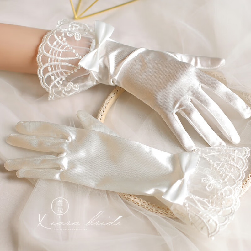 结婚礼服新娘手套 缎面长手套夏拉白色蝴蝶结蕾丝婚礼 婚纱 礼仪手 婚纱配饰 白色