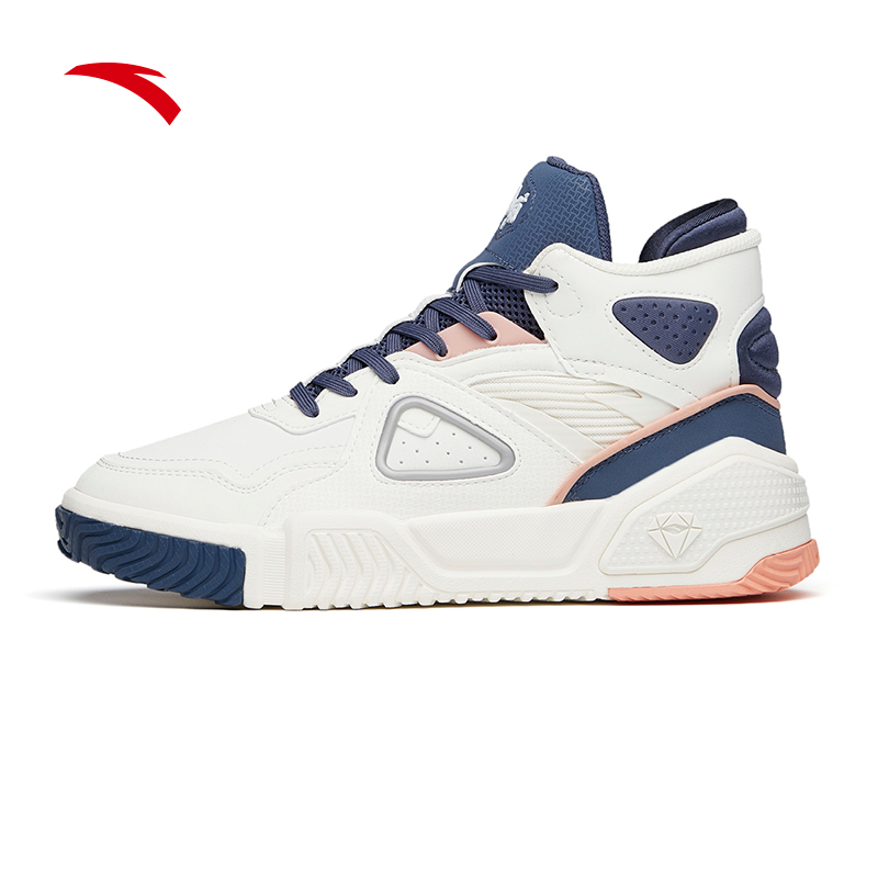 安踏烈焰高帮板鞋女鞋潮流高帮运动鞋子女士休闲鞋 -5象牙白/浅墨蓝