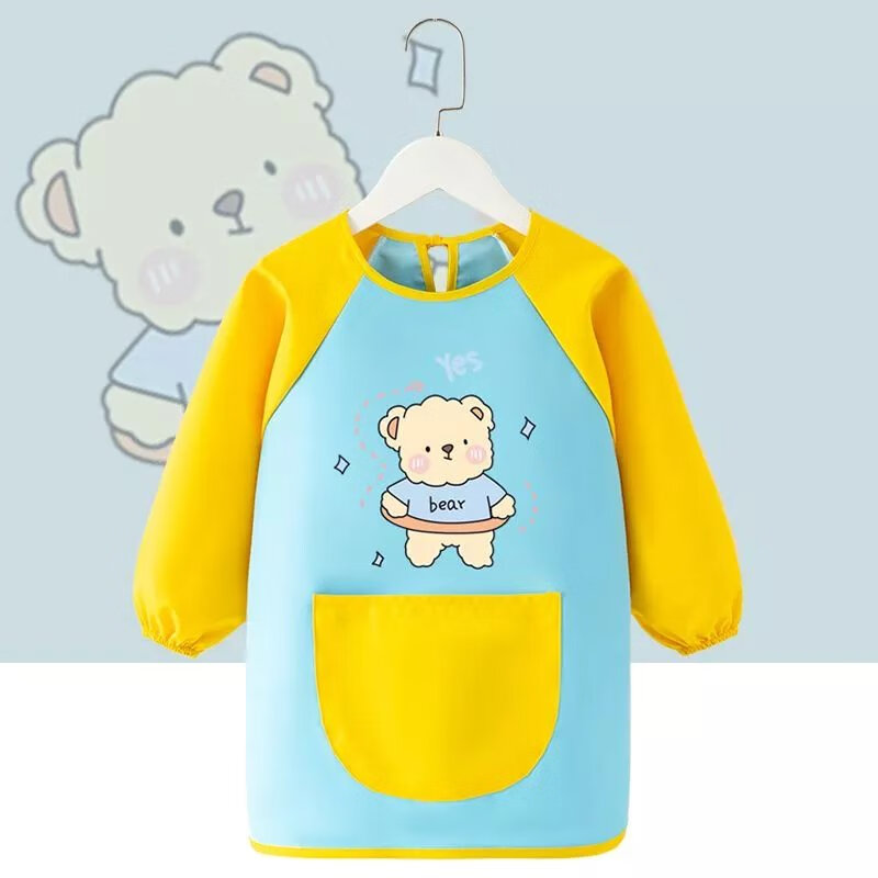 【精选】儿童画画罩衣防脏女宝宝绘画围裙美术反穿护衣幼儿园吃饭 画画衣蓝色小熊 100码(建议年龄2-4岁)