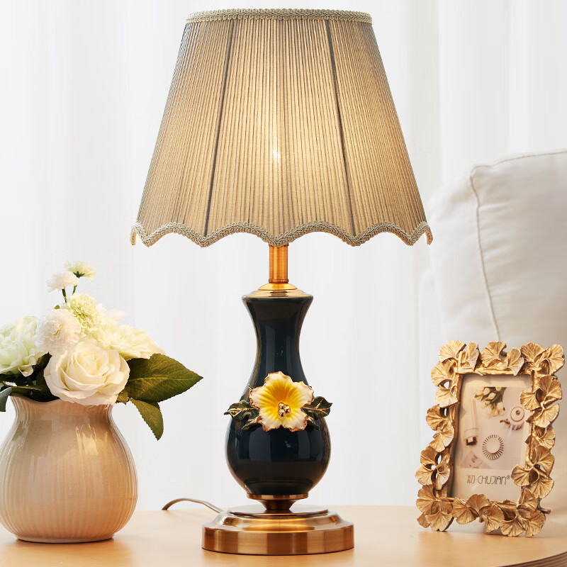 卡希蒂纳欧式复古小台灯卧室床头灯客厅书房美式温馨婚房书桌创意调光装饰 TC004-深蓝珐琅彩+米黄灯罩 遥控开关