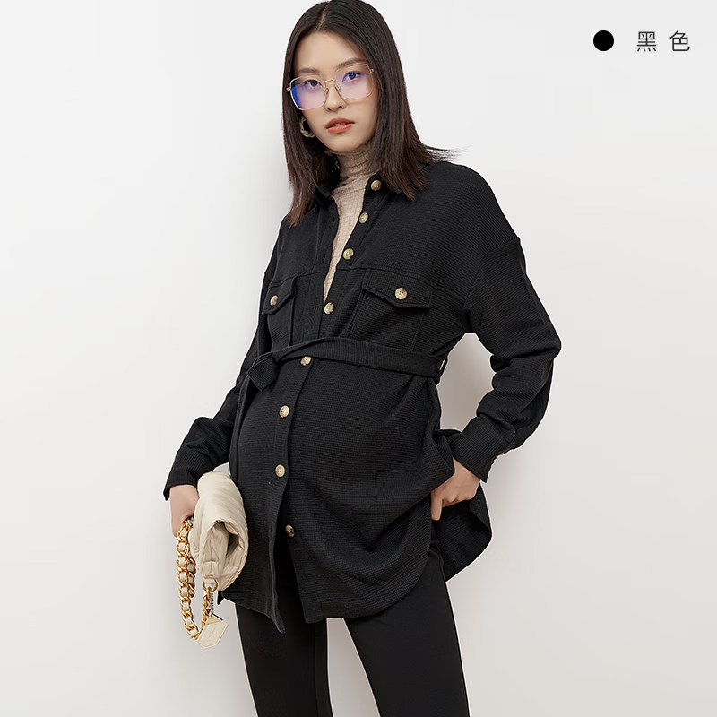 Sellynear孕妇装秋季通勤外套衬衫式中长款工装上衣显瘦宽松孕妈装 黑色 S