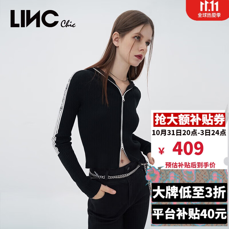 LINC金羽杰2022秋季连帽针织开衫女式短款长袖针织衫女薄款纯棉小衫S223SW693 莱赛尔黑 L适合110斤以下 