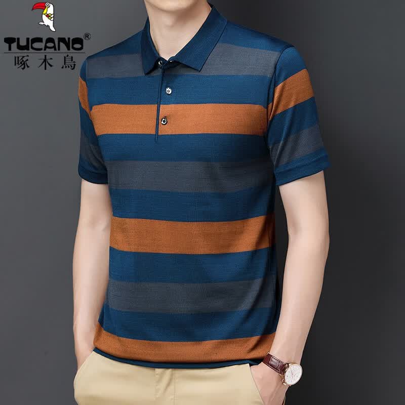 啄木鸟（TUCANO）针织短袖t恤男条纹Polo领体恤衫夏季中青年宽松薄款爸爸装男上衣 819黄色 190/4XL推荐180-200斤穿