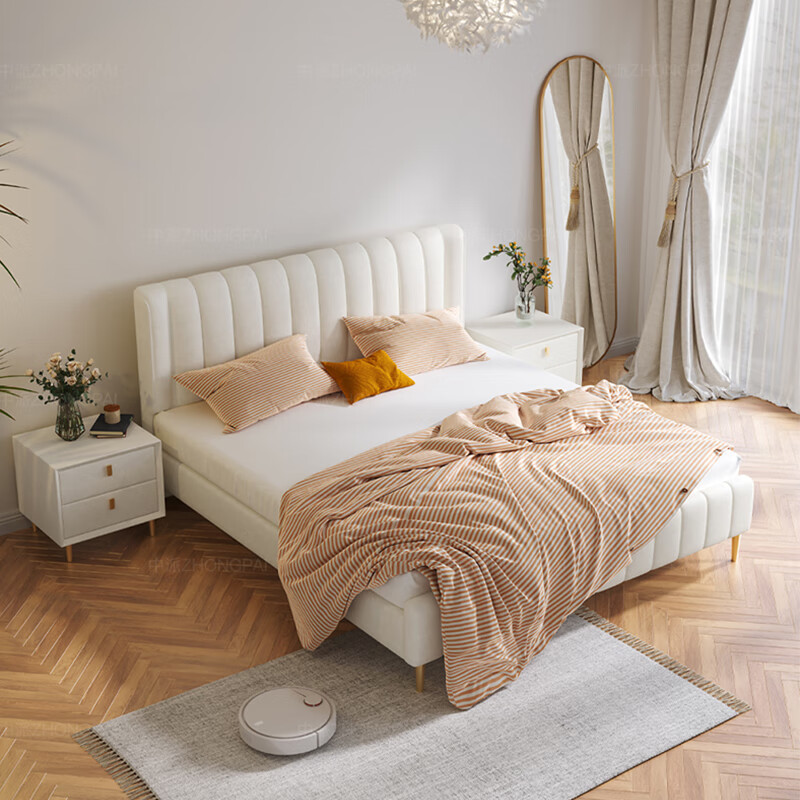 盎梓轻奢布艺床现代简约奶油风ins科技软包床卧室床架定制实木双人床