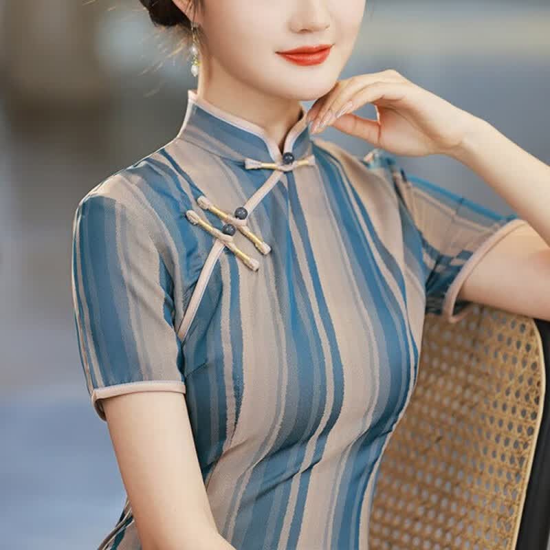 澳颜莱仿丝提花旗袍竖条纹民国风老上海性感成熟复古名媛贵妇少女旗袍
