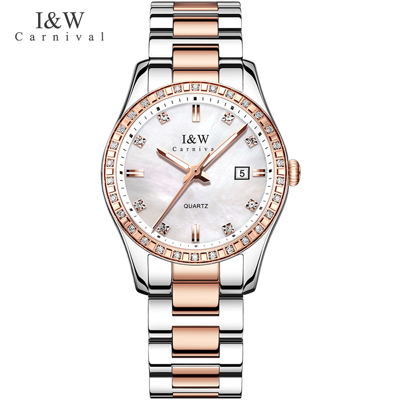 爱沃驰轻奢时尚防水玫瑰金锆石镶嵌石英手表女士表七夕生日礼物送女友 玫金壳白面|间玫钢带