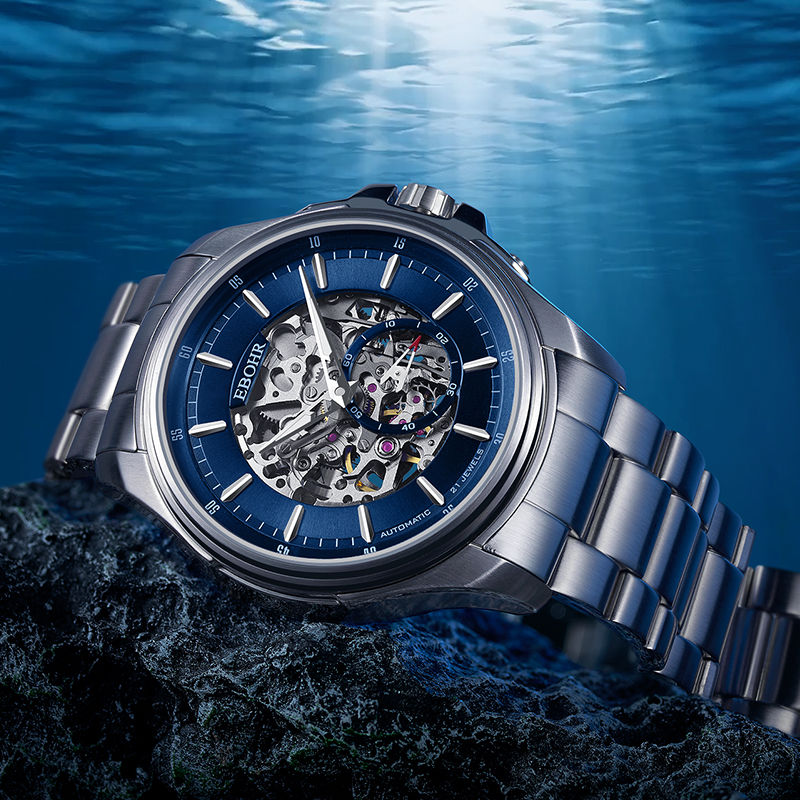 依波(EBOHR)探索者系列男士自动机械表国表新潮镂空防水钢带手表送男友礼物 蓝盘钢带男表 51280314