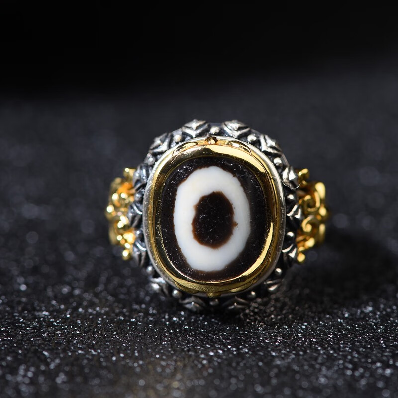 茂然西藏一眼天珠戒指s925银镶嵌素银镀金男款首饰