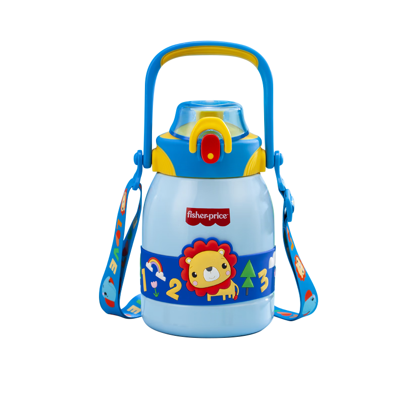 Fisher-Price316不锈钢儿童双饮保温杯中小学生弹盖吸管喝水杯子1000ML蓝色