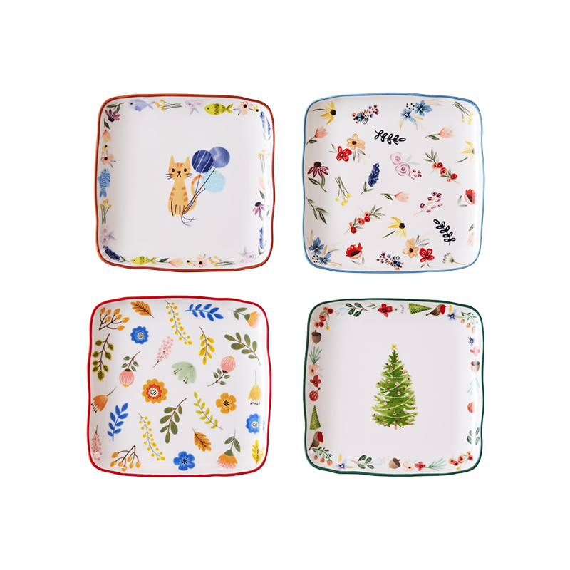 网易严选 田园手绘 餐盘果盘早餐盘零食盘 加热微波炉烤箱冰箱冷鲜可用 方盘4只装 15*15cm
