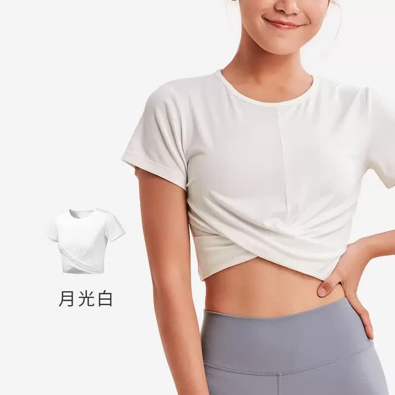 Keep瑜伽裸感速干短袖女轻盈显瘦运动T恤上衣交叉收腰瑜伽服健身短袖 月光白-短袖 S