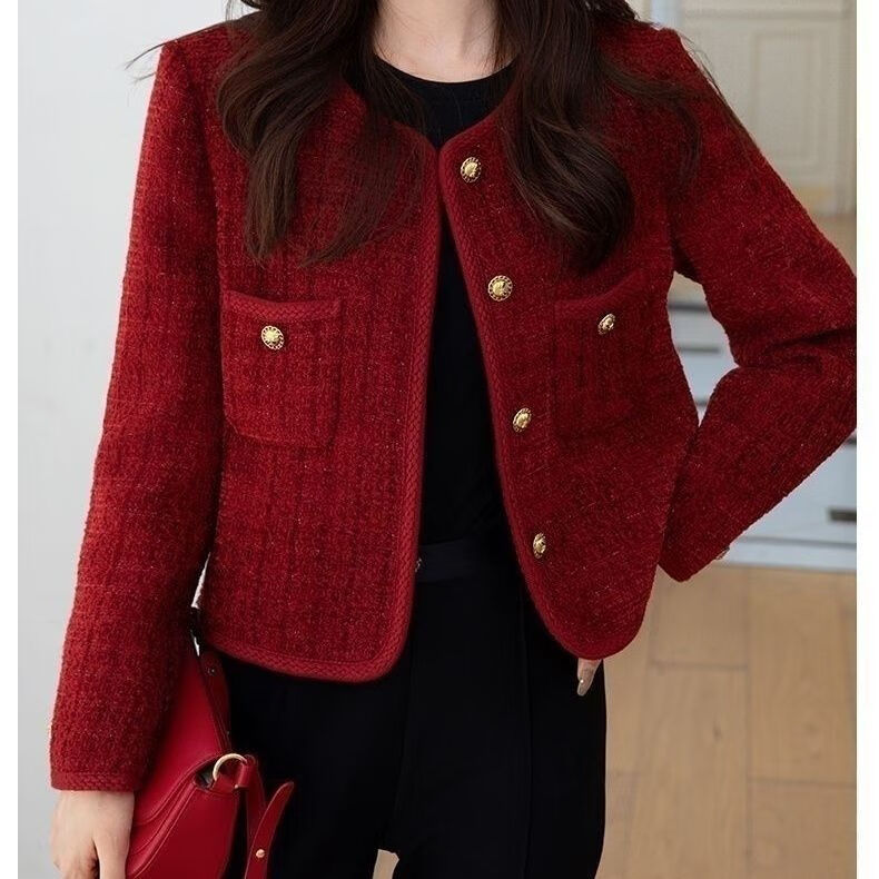 GUOCILRN2026新款重工酒红色小香风外套女春秋法式气质百搭名媛粗花呢上衣 酒红色 L码  115-130斤