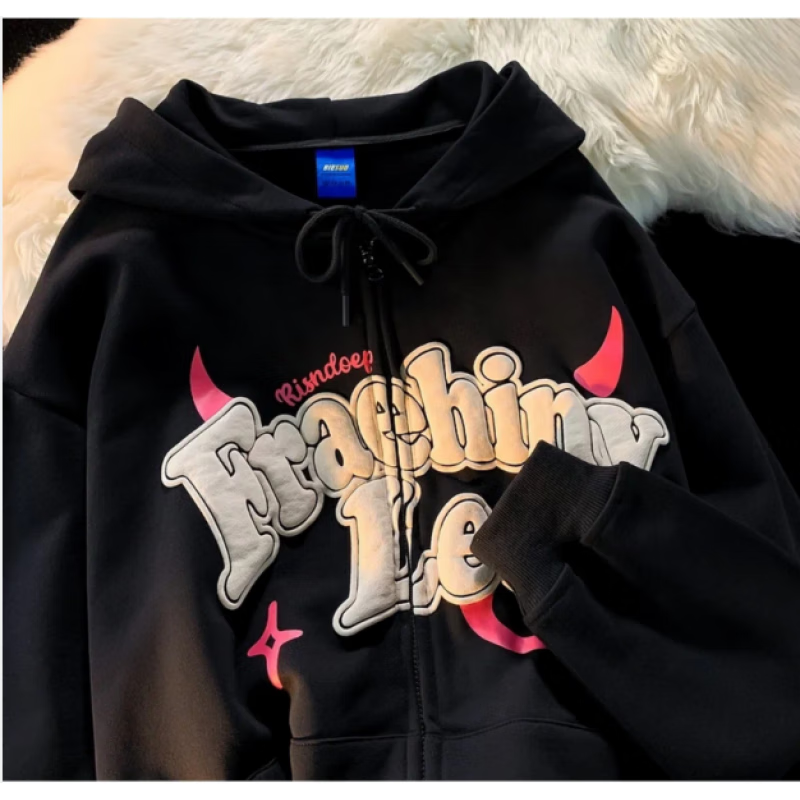 wassup uosne加绒不加绒美式潮牌字母发泡连帽男宽松嘻哈情侣开衫外套