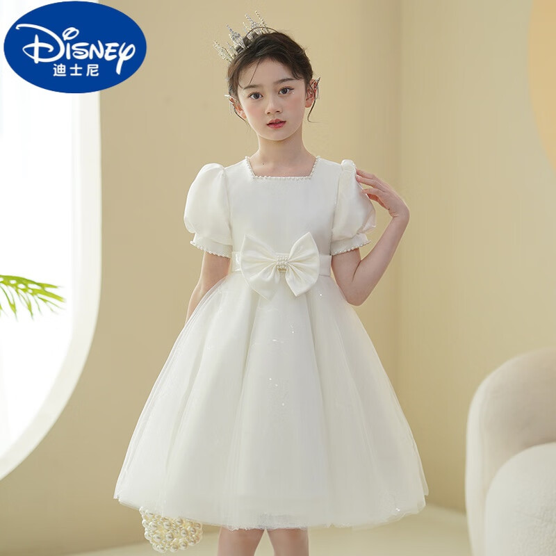 迪士尼（Disney）女童礼服连衣裙夏季2024新款儿童演出服蓬蓬裙白色花童公主裙洋气 D027#白色 130(建议身高125CM，6-7岁) 尺码