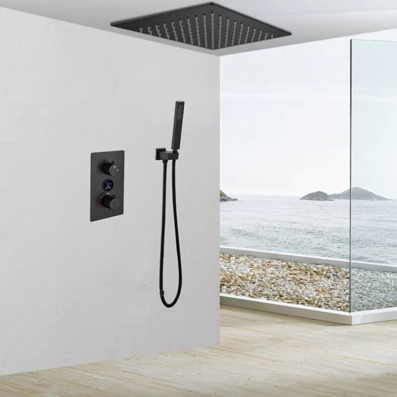漢斯格雅（Hansgrohe）數(shù)顯淋浴套裝天幕吊頂全銅隱藏嵌入式暗裝熱熔一體飛雨花灑增壓 2功能恒溫-黑色天幕16寸-橫桿備注