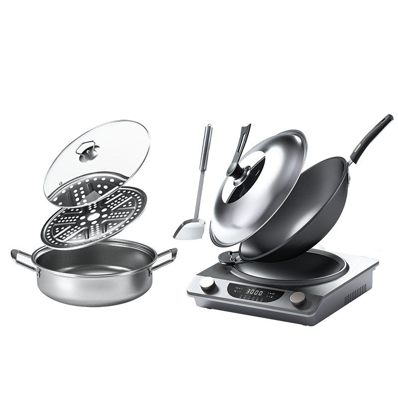 TINME電磁爐炒鍋一體凹面爆炒多功能電磁爐多功能炒菜鍋具家用智能電磁爐電磁灶電磁爐磁帶鍋電磁爐套裝 3000W凹面電磁爐帶炒鍋+湯鍋套裝不銹鋼面板灰色