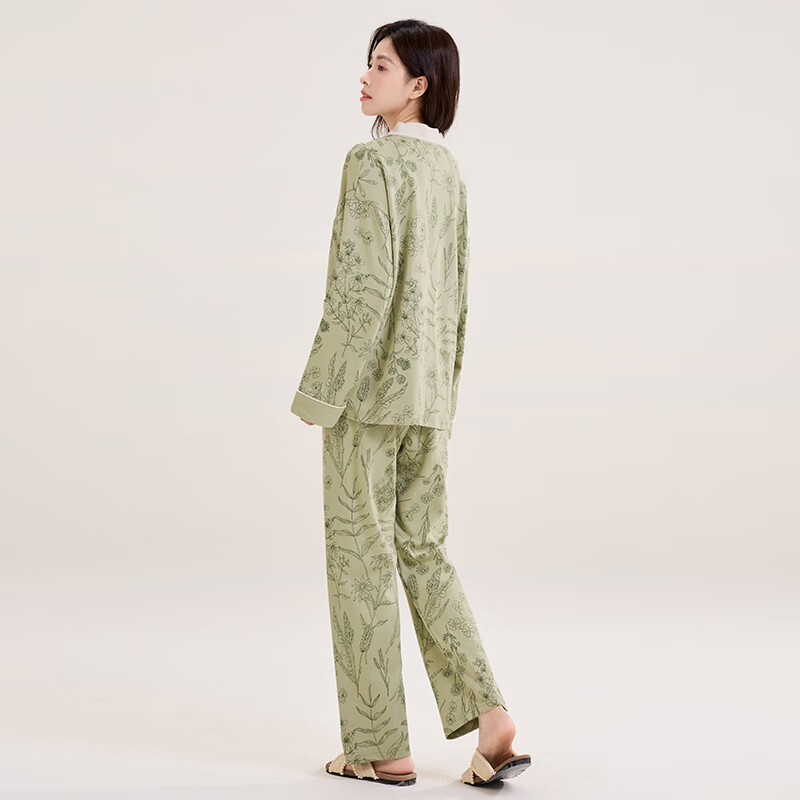 玛伦萨【5A抑菌丨100%纯棉】睡衣女家居服春秋V领森系长袖长裤套装 茶绿 L