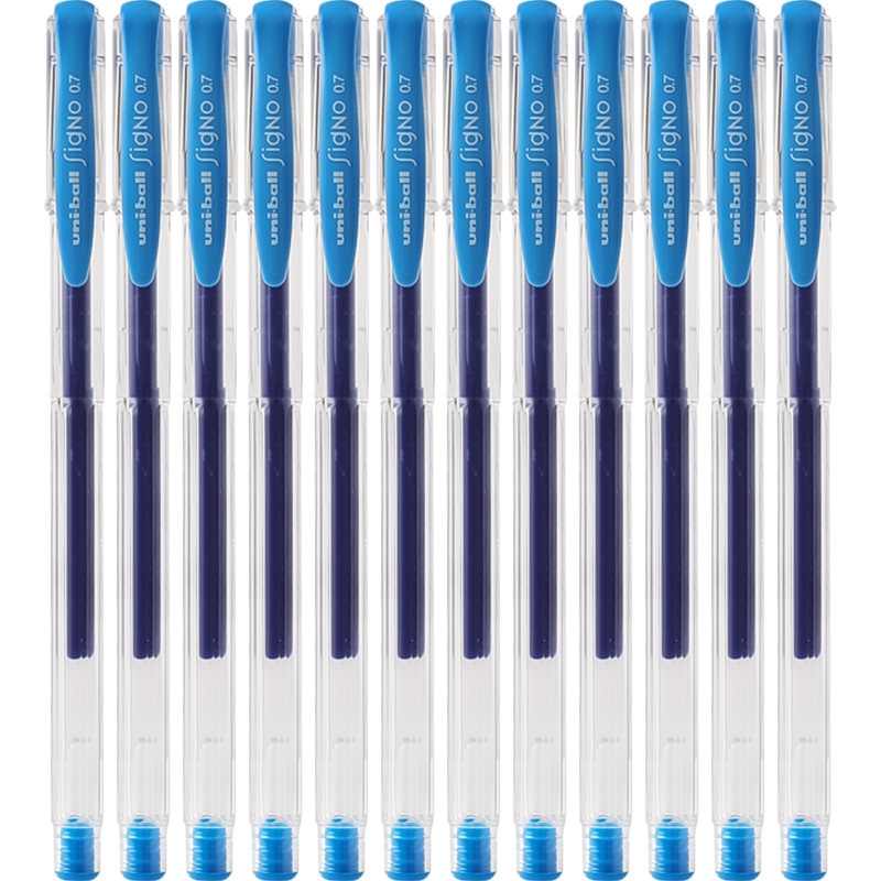 三菱（Uni）UM-100彩色中性笔签字笔 0.7mm学生办公防漏墨啫喱笔考试笔 浅蓝色 12支/盒