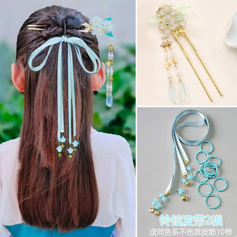 万宝资儿童古风汉服头饰流苏3朵花发钗步摇发簪插梳盘发饰品超仙簪子