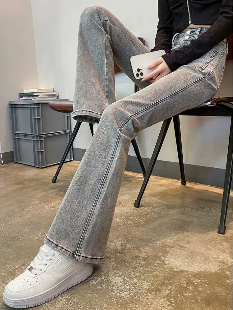 汇诗尚显瘦气质 特大码300斤胖mm松紧高腰喇叭牛仔裤女款修身显瘦微喇长 烟灰色 4XL 建议180-210斤
