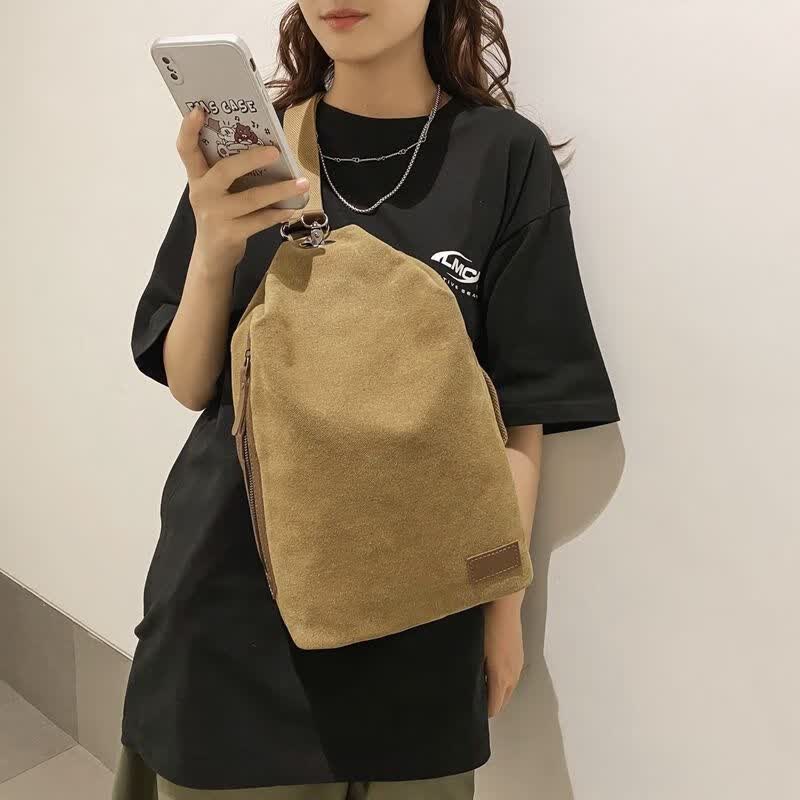 帆布包男女大容量日系复古斜挎包多功能时尚单肩包学生背包单肩包 卡其
