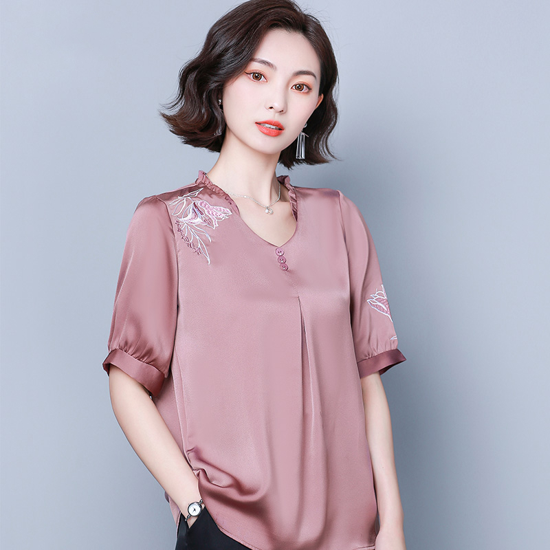 贵夫人真丝t恤女夏装新款高贵洋气高端遮肚小衫桑蚕丝女式短袖衫上衣