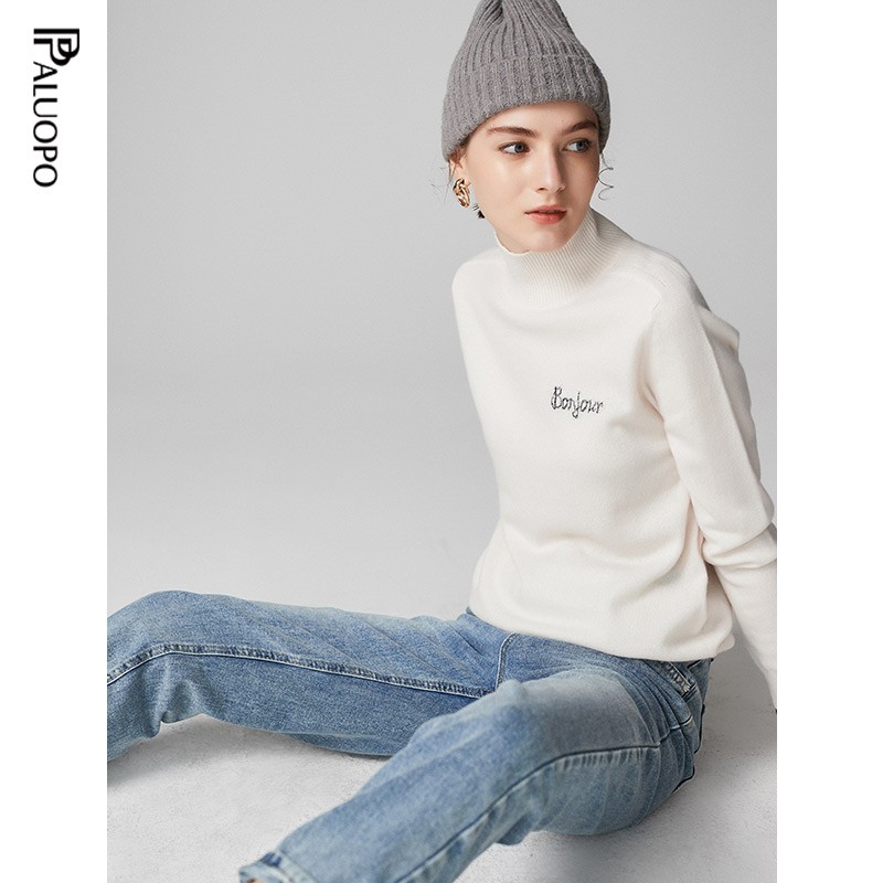 帕罗（PALUOPO）女半高领彩点夹花休闲个性提花秋冬保暖毛衣女长袖针织纯羊绒衫 古董白 XL 170/110