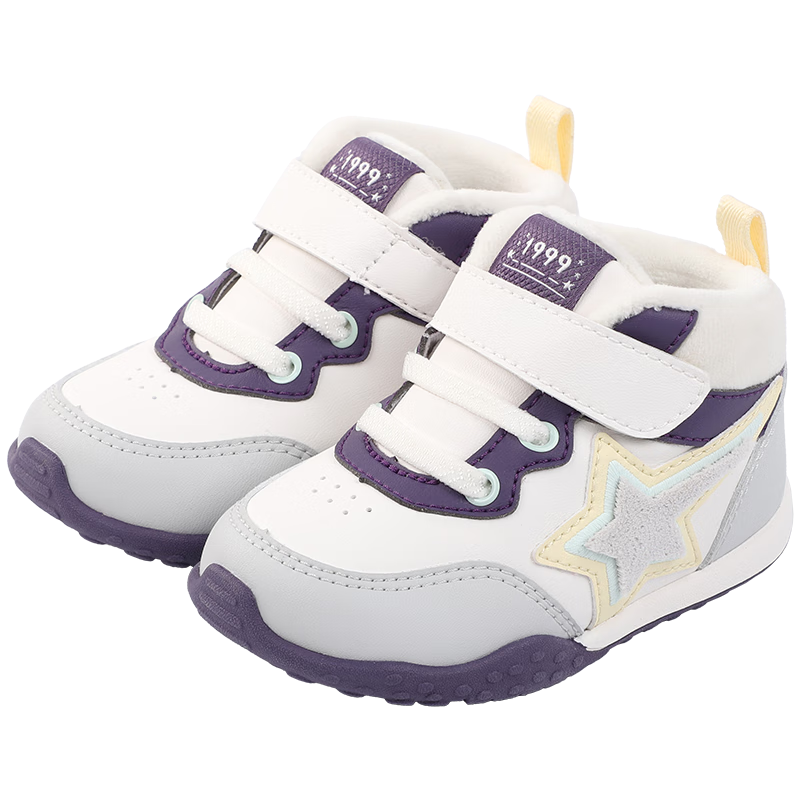 江博士冬季男女兒童魔術(shù)貼步前鞋 加絨保暖拼色兒童學(xué)步健康鞋 米/灰/紫（加絨內(nèi)里） 22 腳長(zhǎng)約12.7-13.3