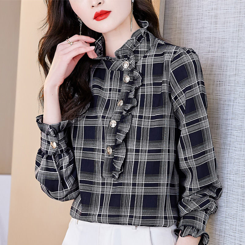 腿中狼格子雪纺衬衫女士秋装2022新款时尚欧货上衣小衫长袖洋气衬衣 蓝色格子 XL 115-135斤