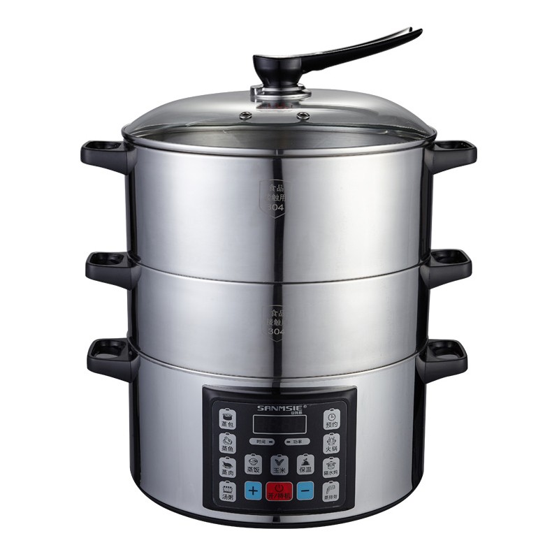 SANMSIE 电蒸锅家用多用途锅304不锈钢多功能32cm蒸笼大容量电火锅预约定时保温蒸鸡 底锅+2层(1高笼+1低笼）