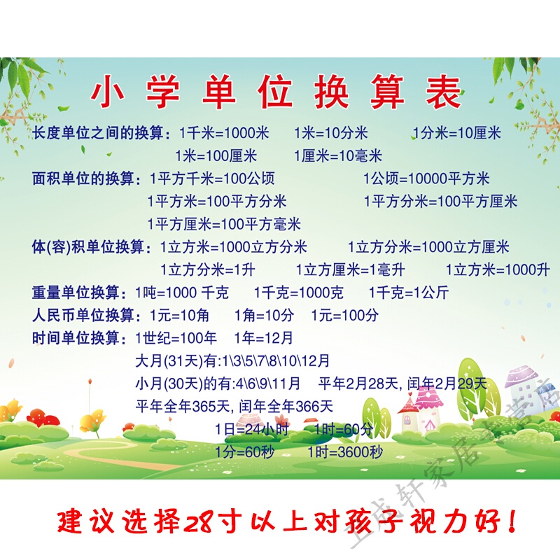 学生数学公式大全墙贴儿童年级常用时间长度重量挂图 小学单位换算表