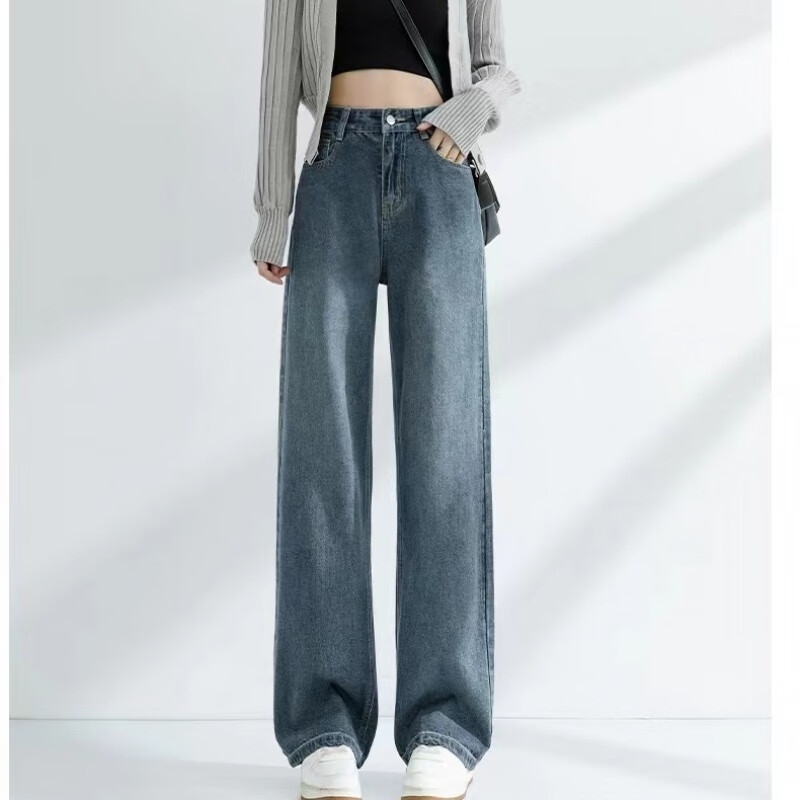 雷黛茜复古蓝秋冬季阔腿牛仔裤女直筒宽松高腰垂感显瘦拖地裤年新款 复古蓝九分裤 XS