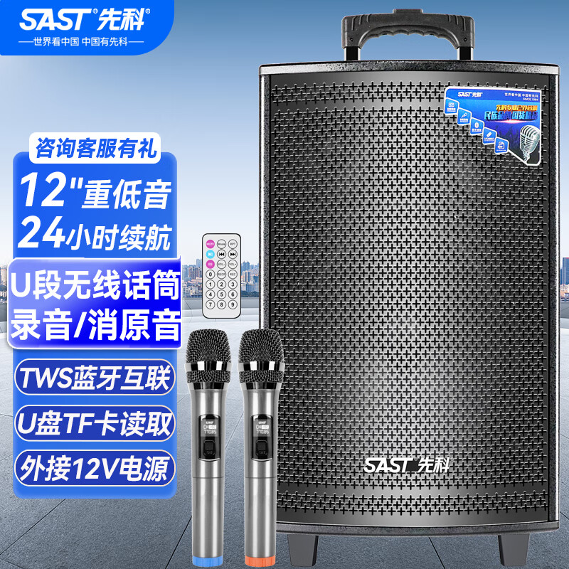 先科SA-122 12英寸广场舞音响户外大功率移动拉杆音箱无线蓝牙大音量K歌专用便携式配双话筒 长续航版