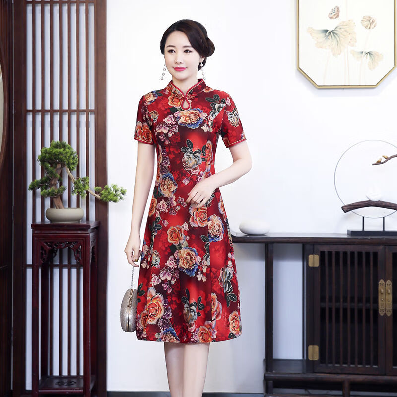 改良中老年妈妈遮肚祺旗袍裙【旗袍女】 1号色 5xl 【建议145-160斤】
