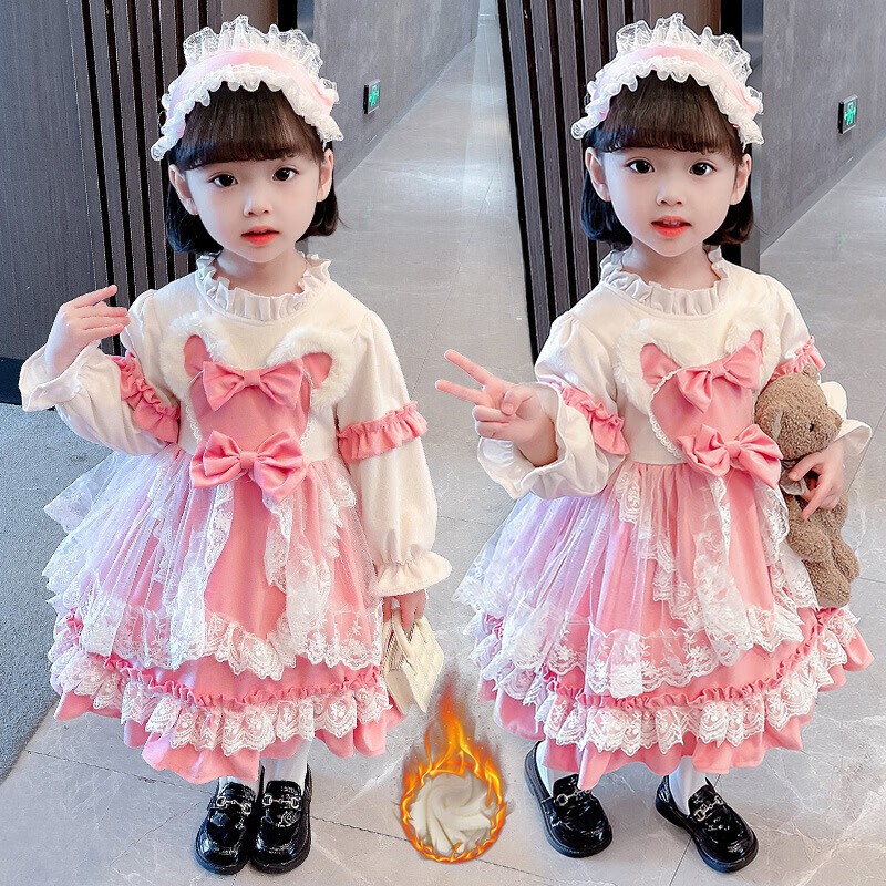 新款兔耳朵蝴蝶结加绒加厚洛丽塔长裙中小童1-6岁小女孩可爱公主裙