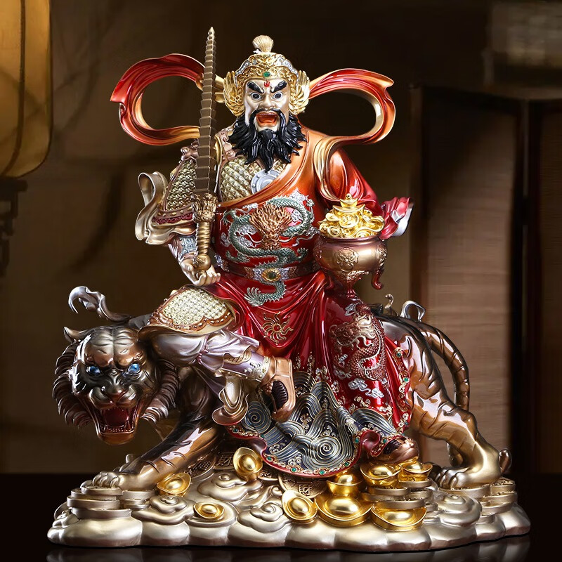 盛凡 赵公明武财神贴金纯黄铜骑虎摆件正财五路财神爷神像店铺供 21
