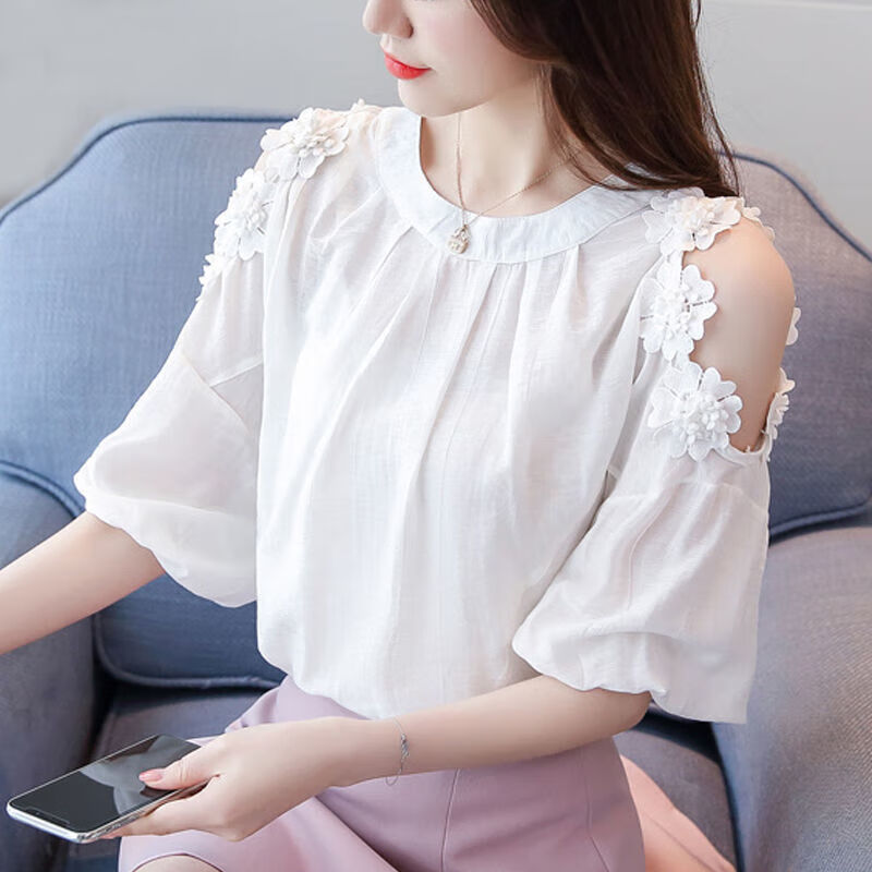 貝吉棋露肩短袖娃娃衫女夏季新款遮肚子仙甜美飄逸漏肩襯衫女上衣 白色 S8095斤