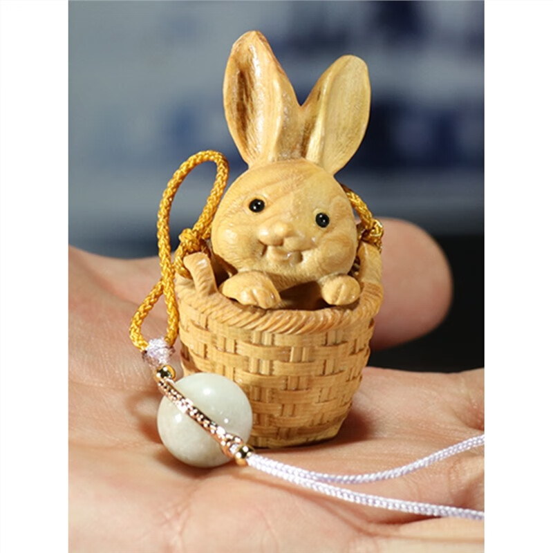 黄杨木雕生日礼物生肖小萌兔挂件天然实木兔子摆件吊坠钥匙扣 小萌兔