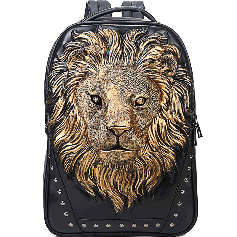 LEANCCE原创设计 男士3D动物狮子朋克背包户外潮酷旅行包双肩包 金色