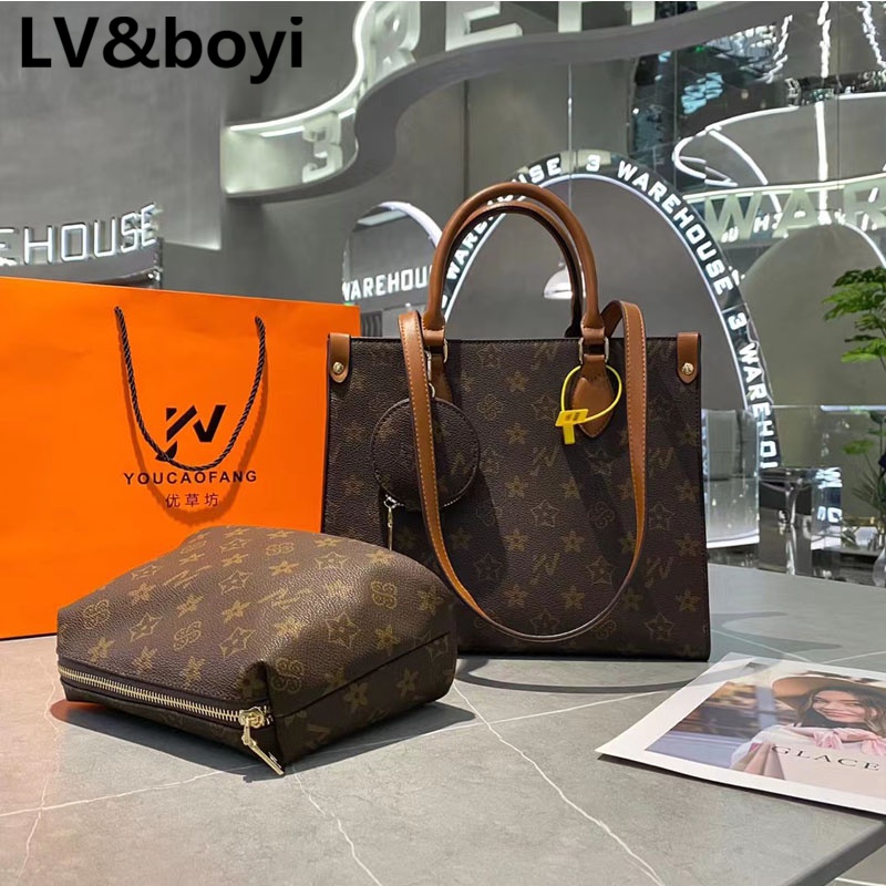 lvboyi包包印花托特包横款方形单肩斜挎包休闲拉链手提包子母包