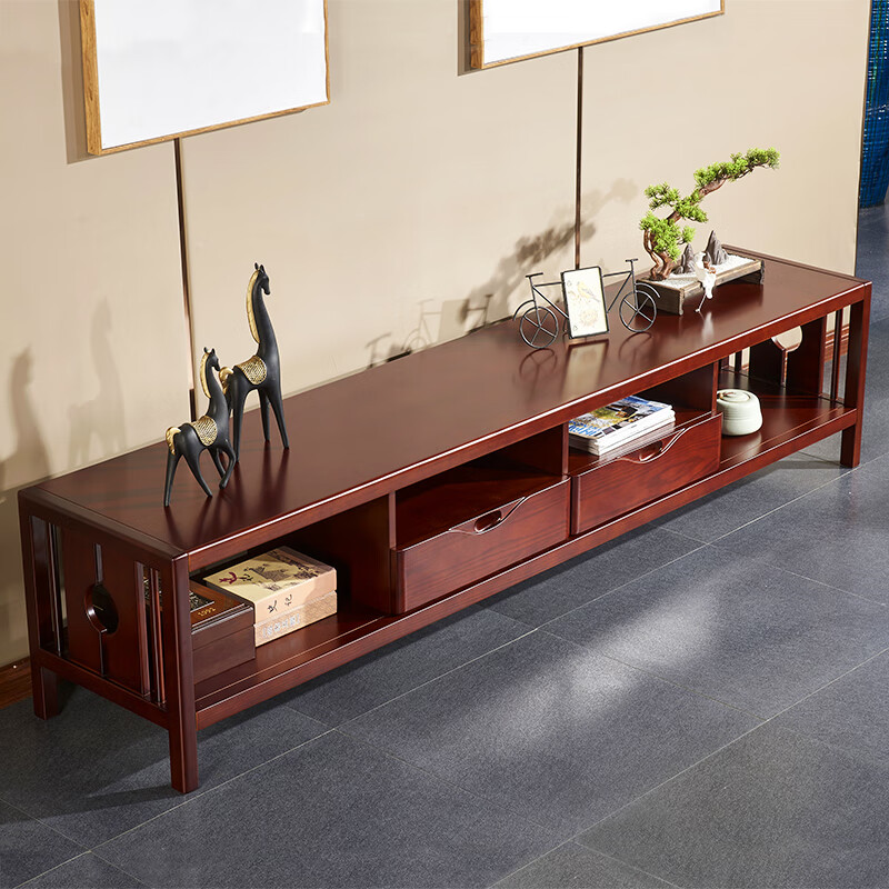 新中式实木电视柜茶几组合套装家用客厅实木地柜带抽电视柜 琥珀红 2